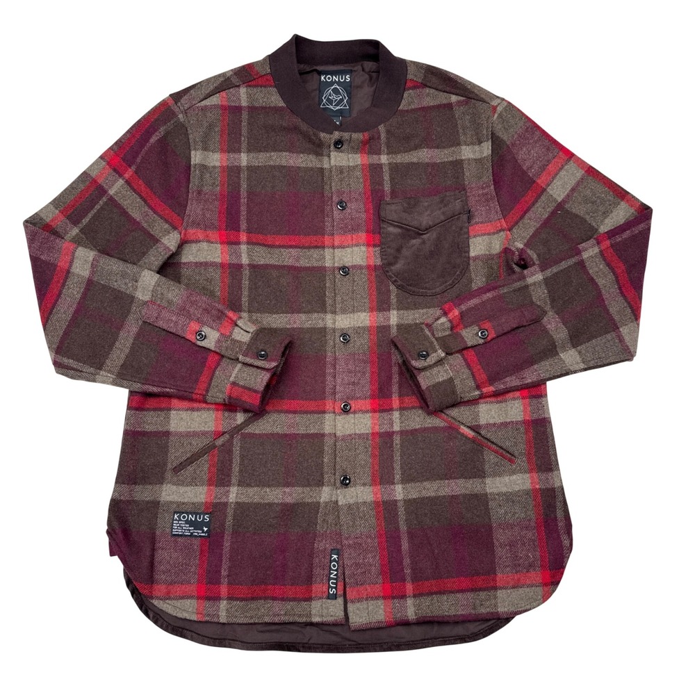 Konus Flannel Shacket Mens XL Brown Red Plaid Bomber Button Down Shirt Jacket